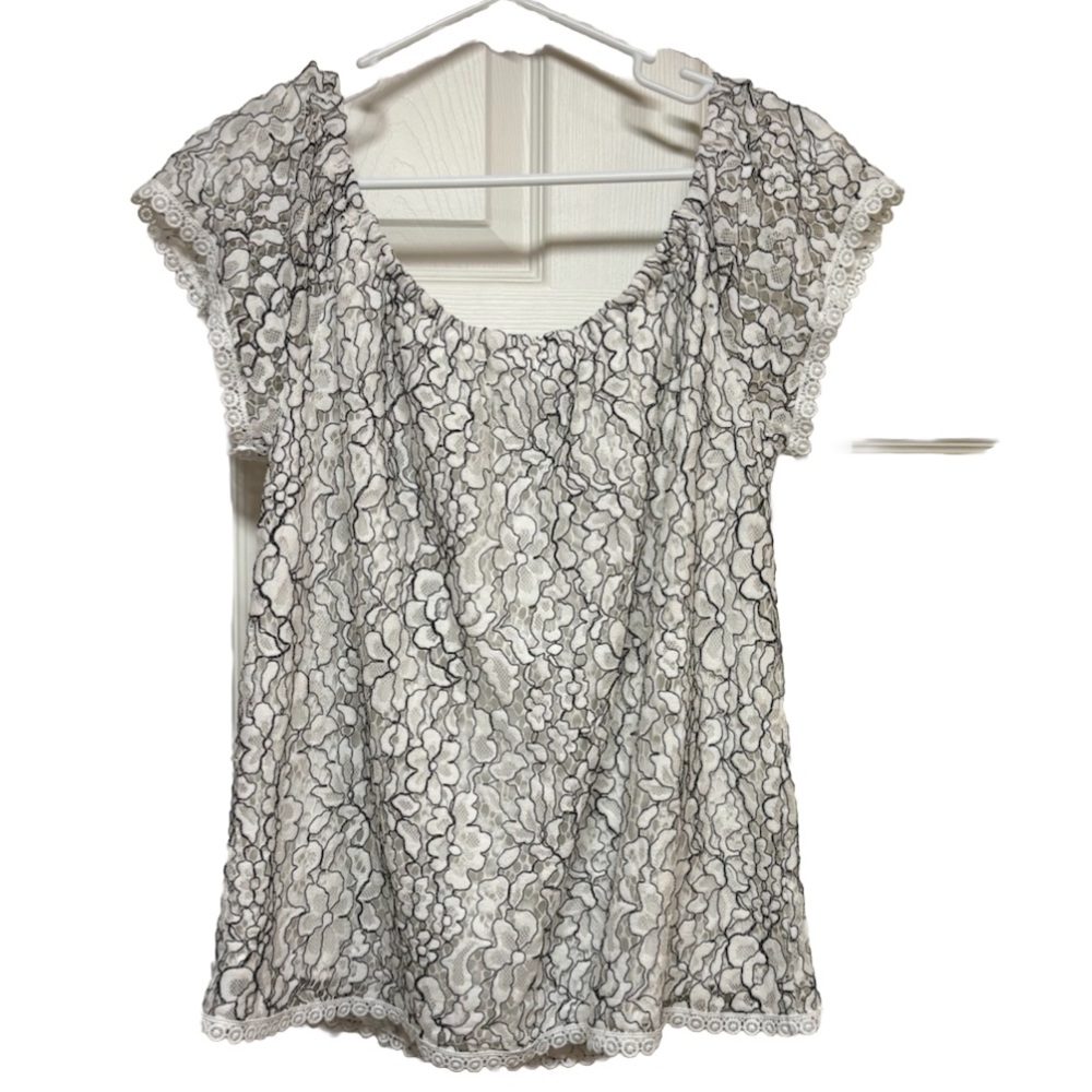 White Rose Lace Crochet Overlay Short Sleeved Top Size XL Stretch Black